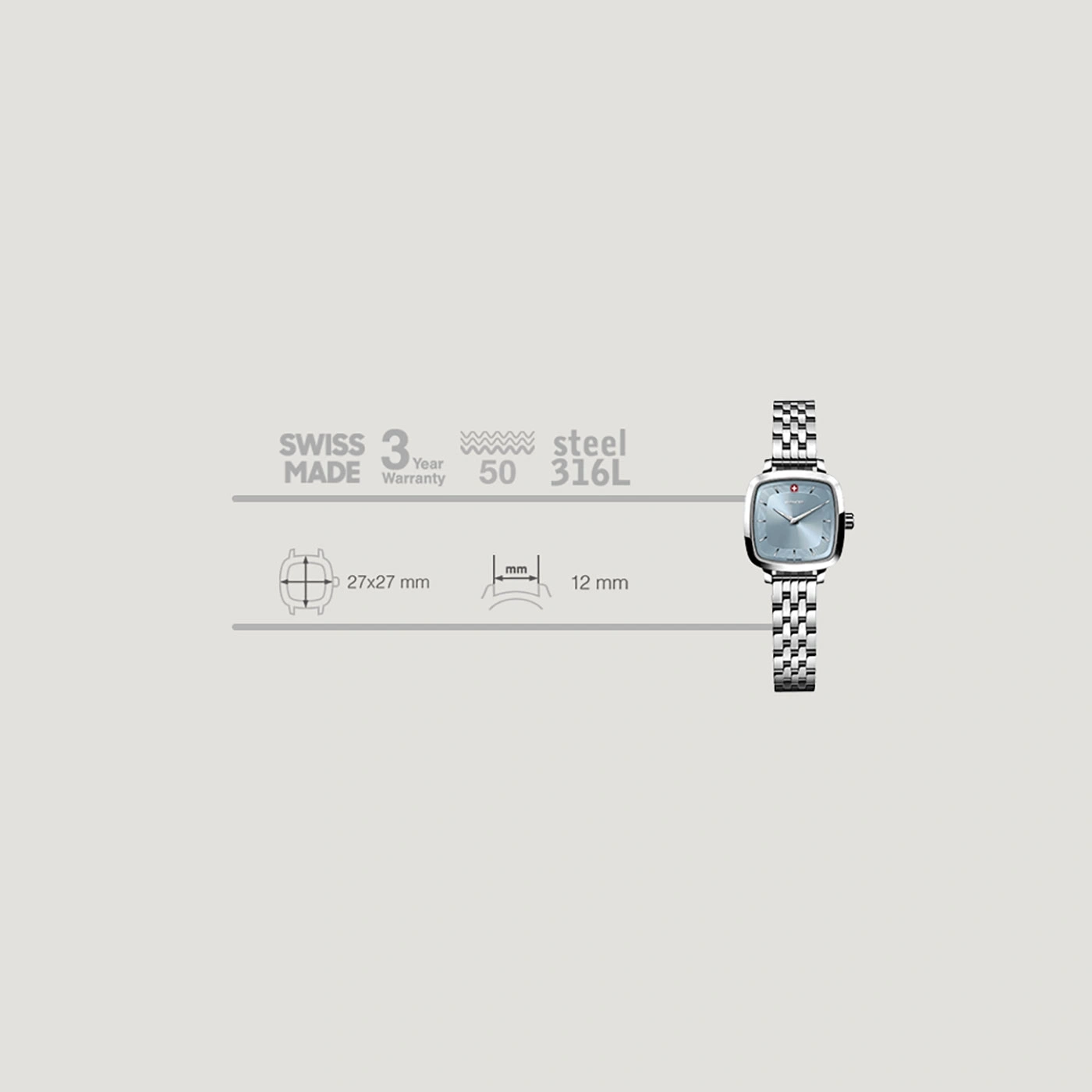 Schweizer Uhr, Stahl, 3 Jahre Garantie, 27x27 mm, 12 mm dick, hellblaues Zifferblatt.