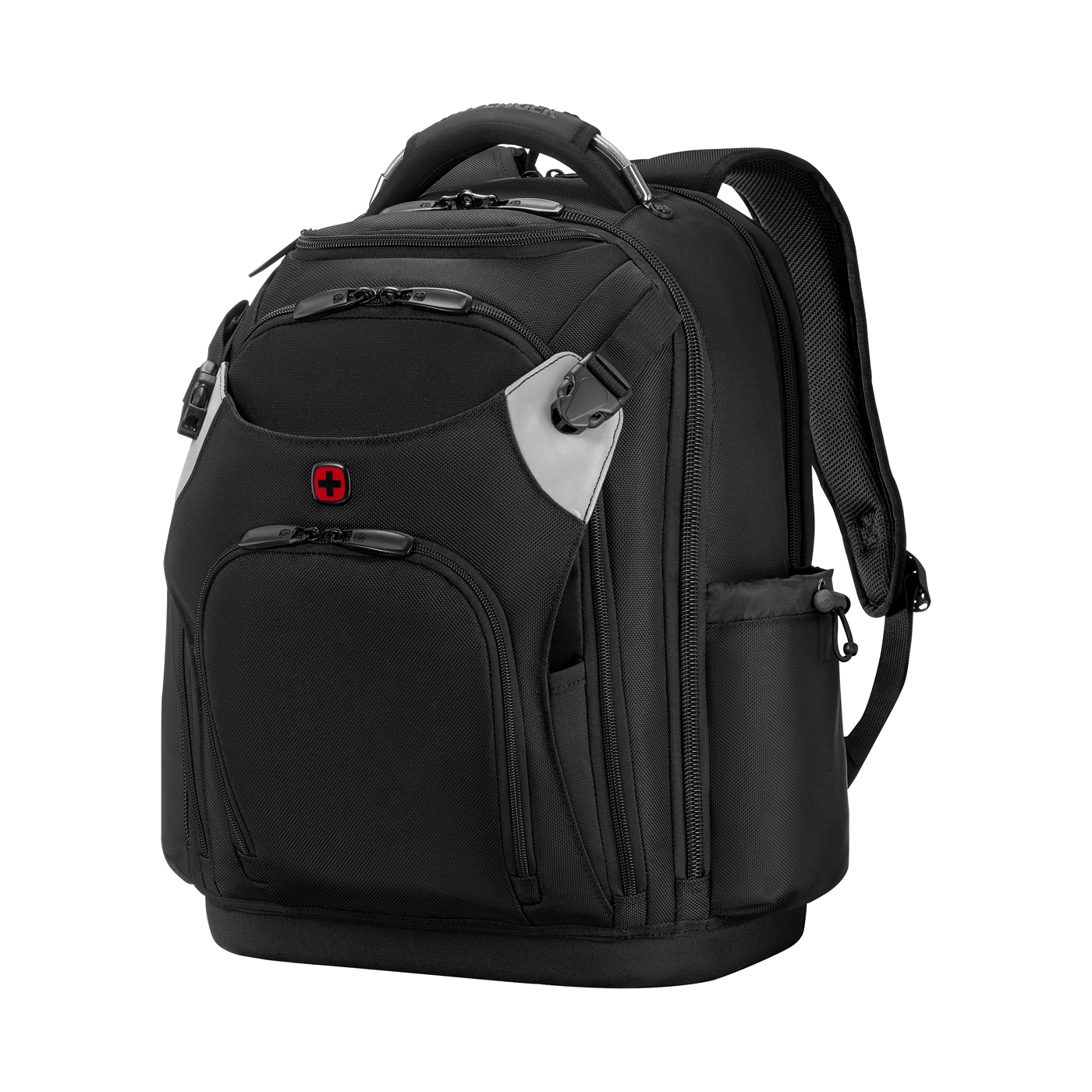 Black backpack with red cross and silver accents