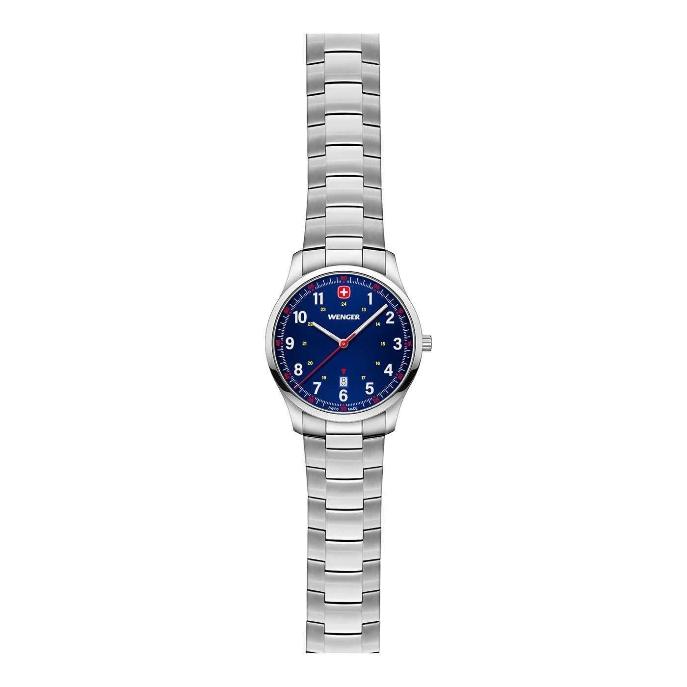Wenger watch with blue face and silver band, a stylish and elegant timepiece.