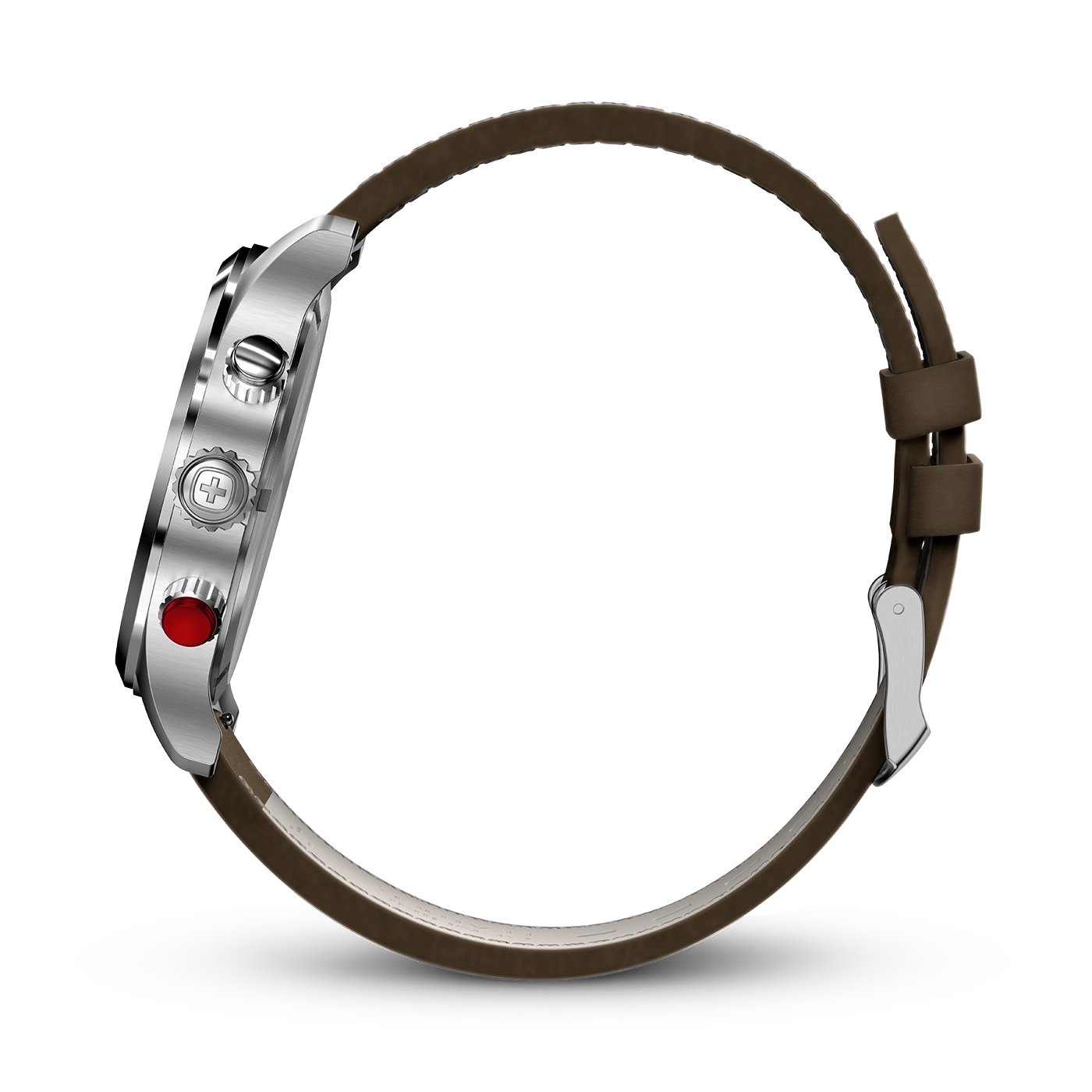 Side view of a watch with a brown leather strap, silver case, and red button