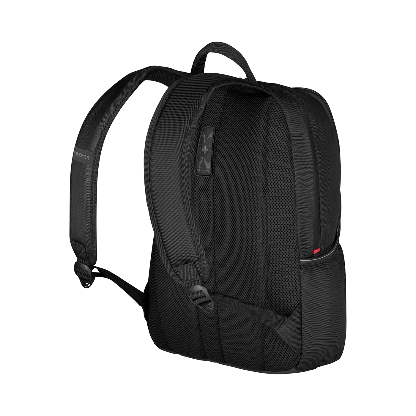 Schwarzer Rucksack mit Airflow-System, Wenger-Marke, Detailansicht, isoliert auf Schwarz