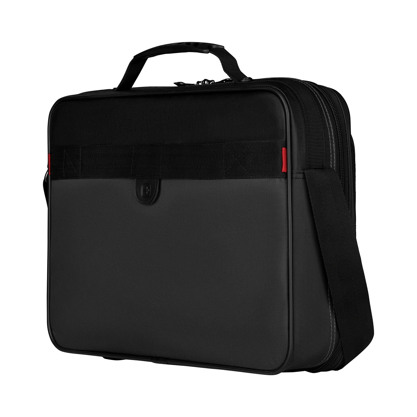 Black briefcase with handle and shoulder strap, isolated on black background