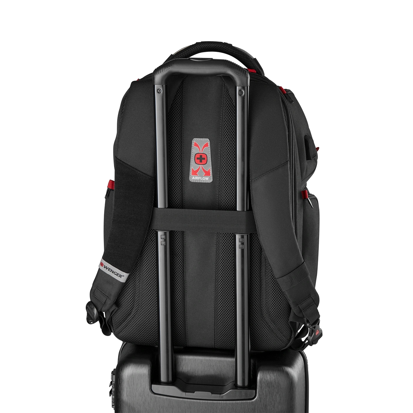 Schwarzer Rucksack mit Rollen und Griff, Airflow-System, Wenger-Logo, auf schwarzem Hintergrund.
