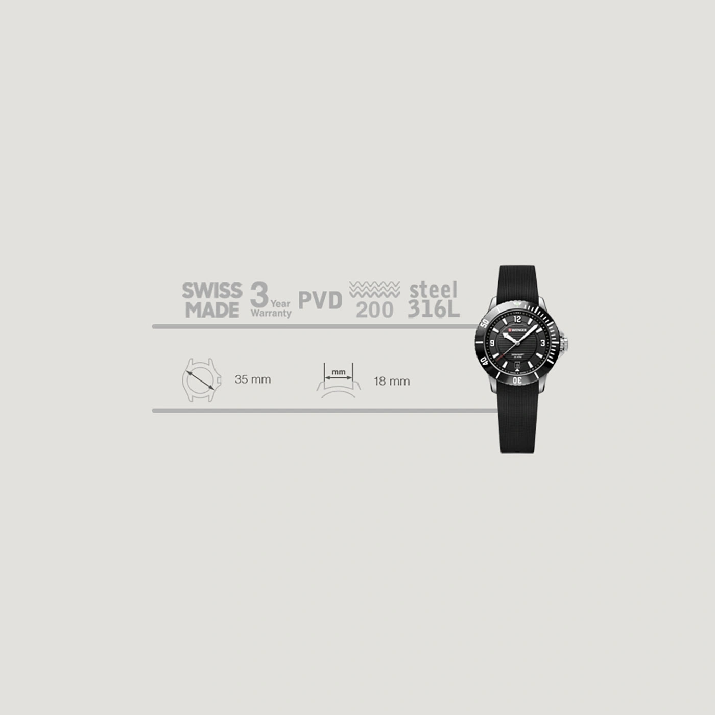 Uhr mit schwarzem Armband, 35 mm Durchmesser, 18 mm Breite, Swiss Made