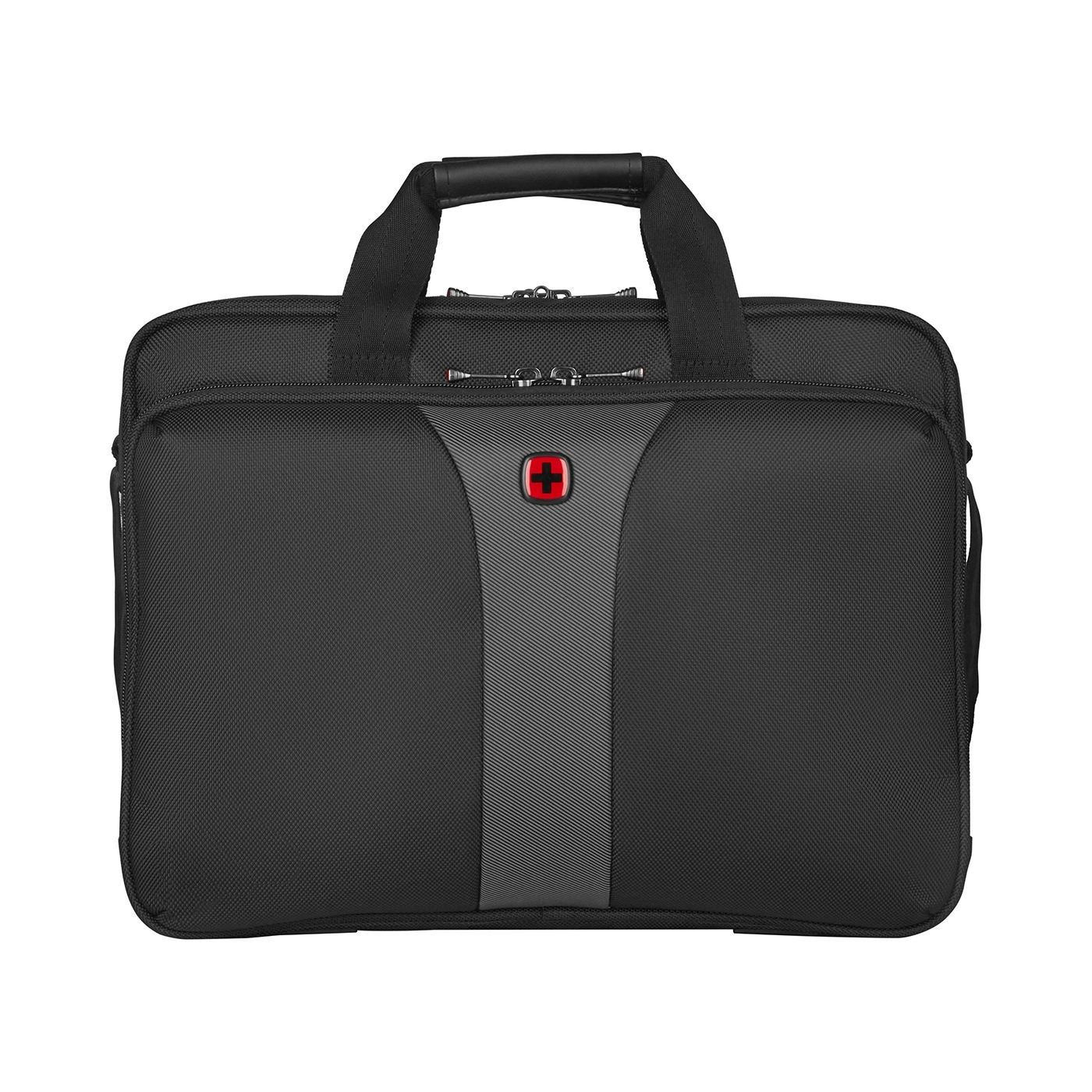 Black briefcase with red cross logo, handle and zippers, business bag, Swiss design