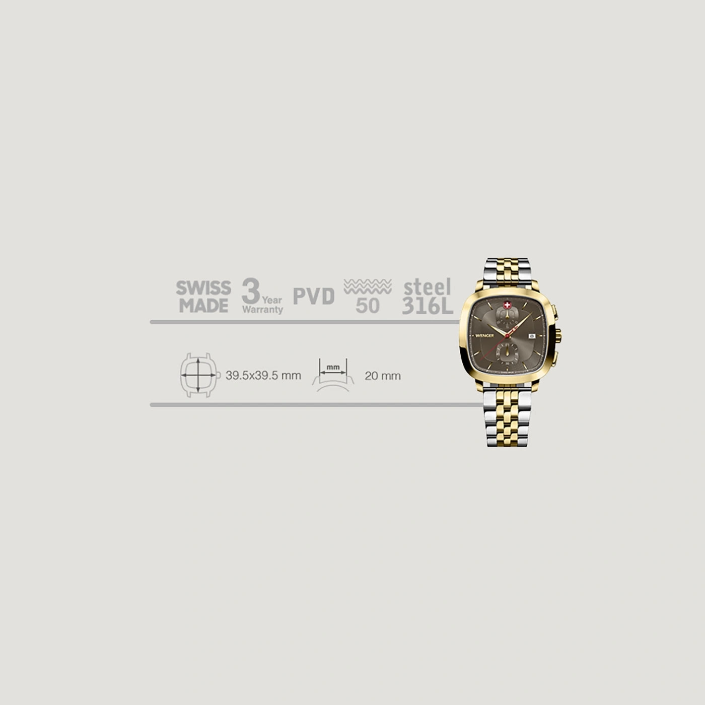 Wenger Uhr, Swiss Made, 3 Jahre Garantie, PVD, Stahl, 39.5x39.5mm, 20mm
