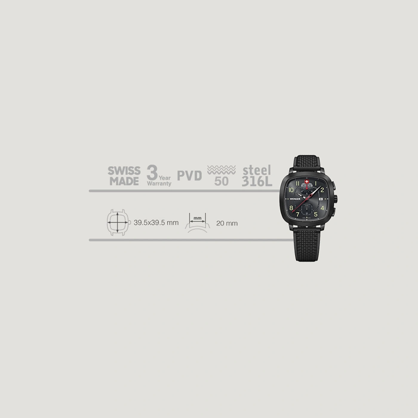 Swiss watch with black dial, steel case, and 3-year warranty.