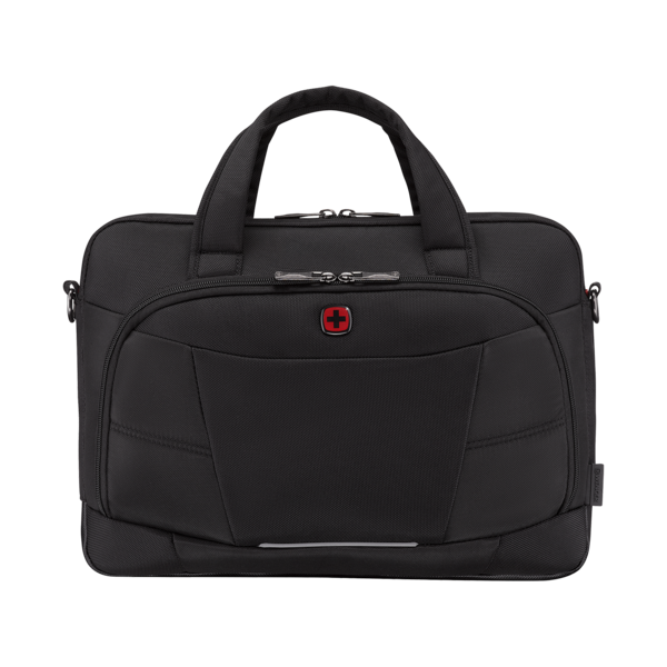 Schwarze Laptoptasche mit Griff und rotem Logo, ideal für den Transport von Geräten.