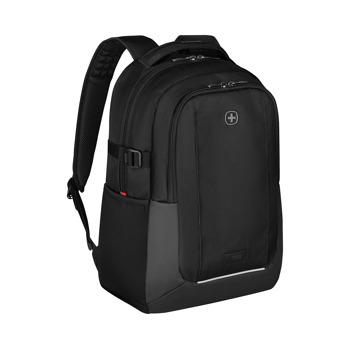 Schwarzer Rucksack mit Logo und Reißverschluss, ideal für den täglichen Gebrauch.