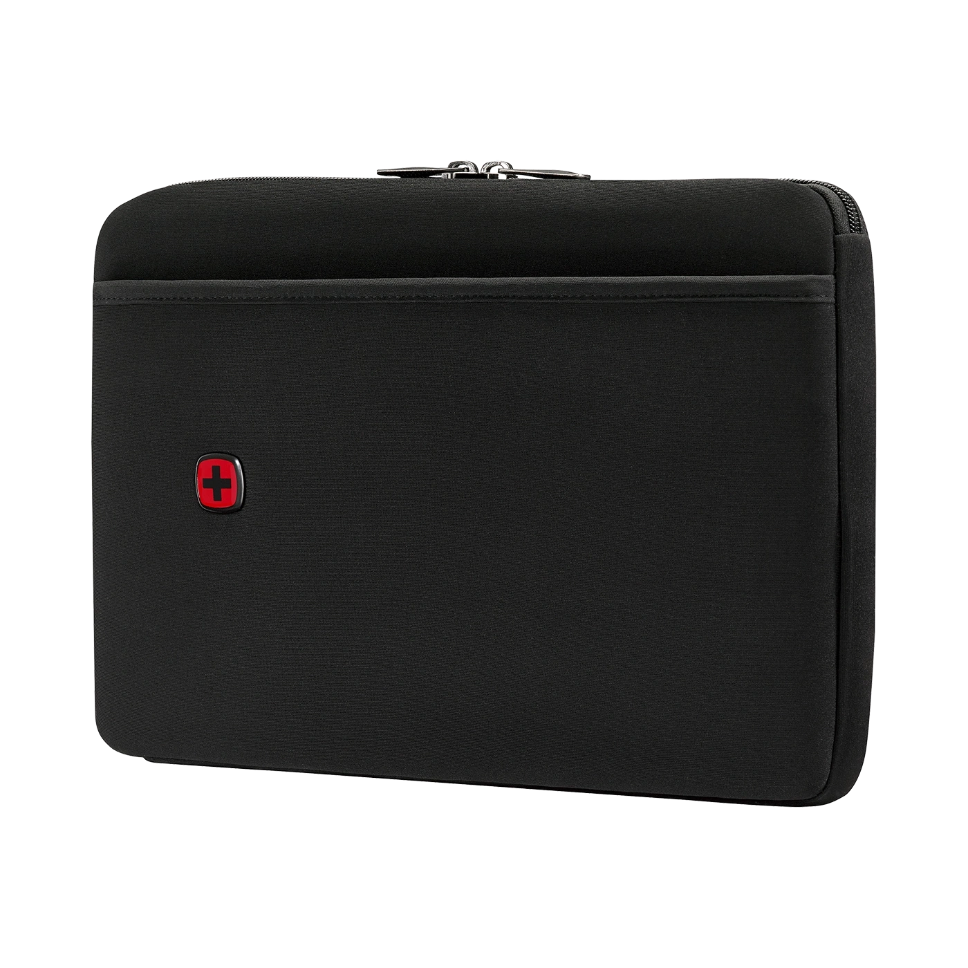 Schwarze Laptoptasche mit Reißverschluss und rotem Logo, Wenger-Marke.