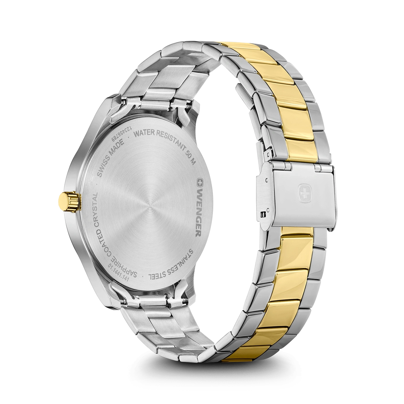 Wenger watch, stainless steel, sapphire crystal, water resistant, Swiss Made, gold