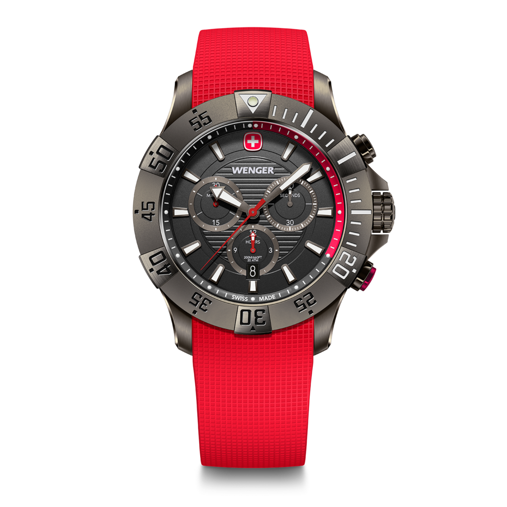 Wenger watch with red strap, black dial, chronograph features, and Swiss Made label.
