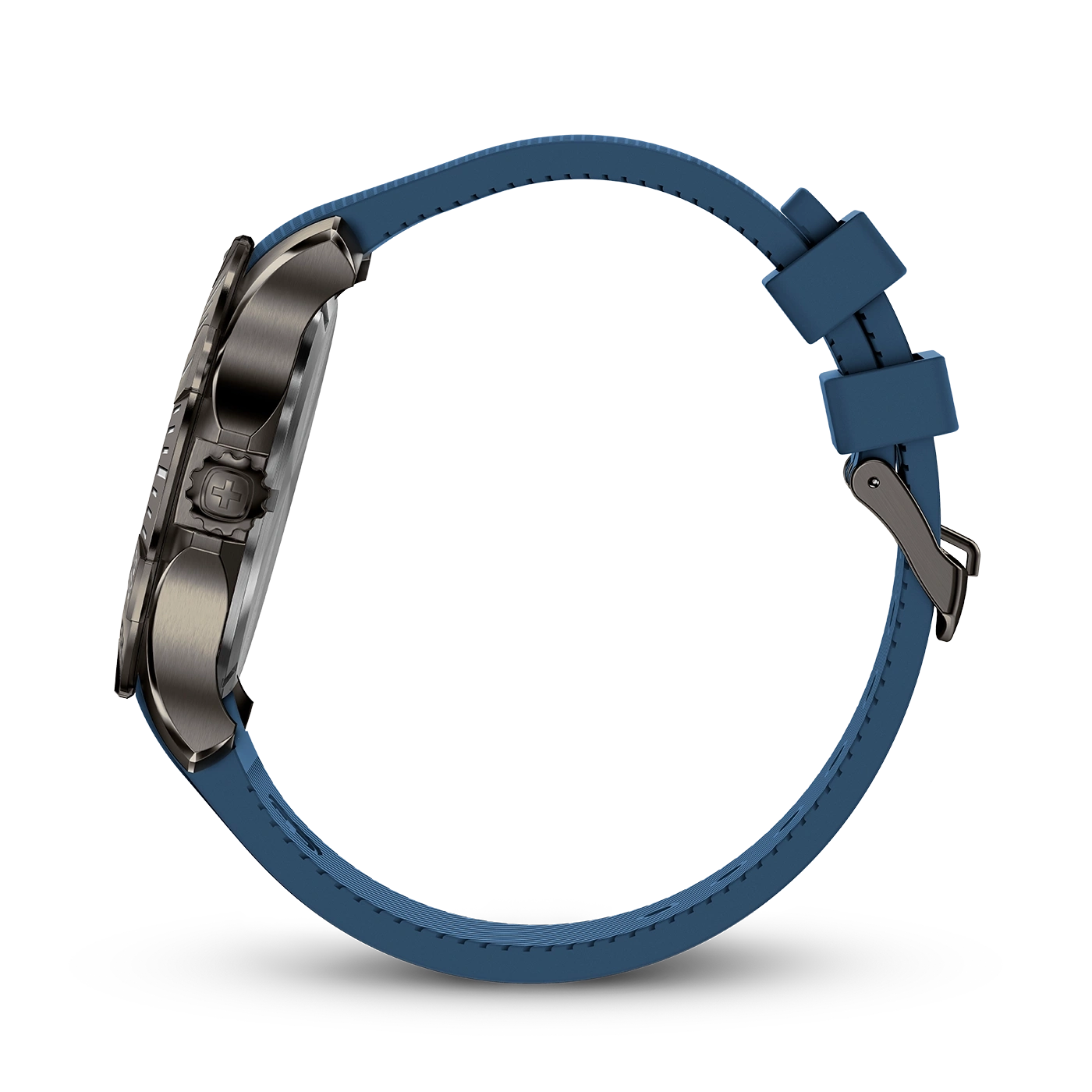 Blaue Uhr mit blauem Armband, Seitenansicht, Detailaufnahme, modernes Design