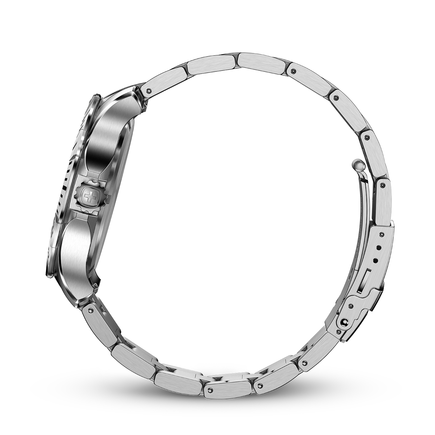 Uhr aus Metall, Seitenansicht, Armband, silberfarben, Detailaufnahme, isoliert
