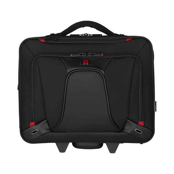 Schwarzer Koffer mit roten Akzenten und Rädern, von oben gesehen.