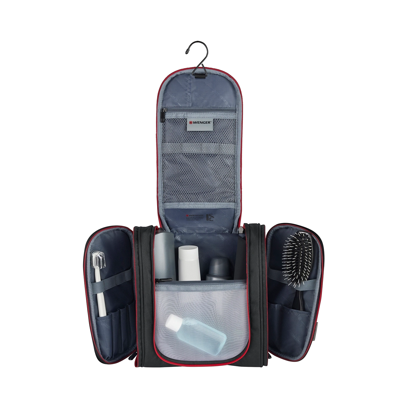 Wenger toiletry bag, black, open, hanging, with contents, travel accessories