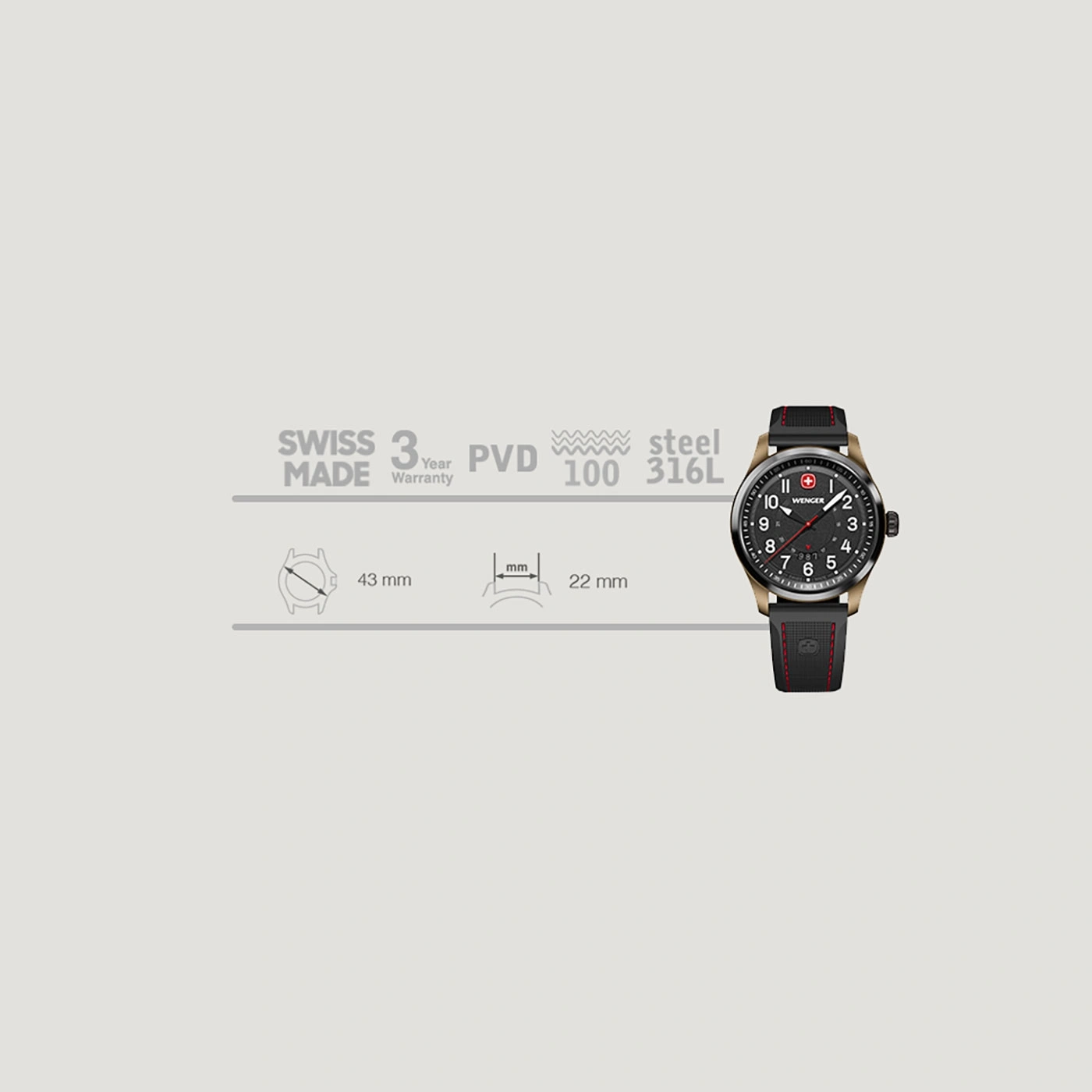 Schweizer Uhr mit 3 Jahren Garantie, PVD-Beschichtung, Stahl 316L, 43 mm Gehäuse.