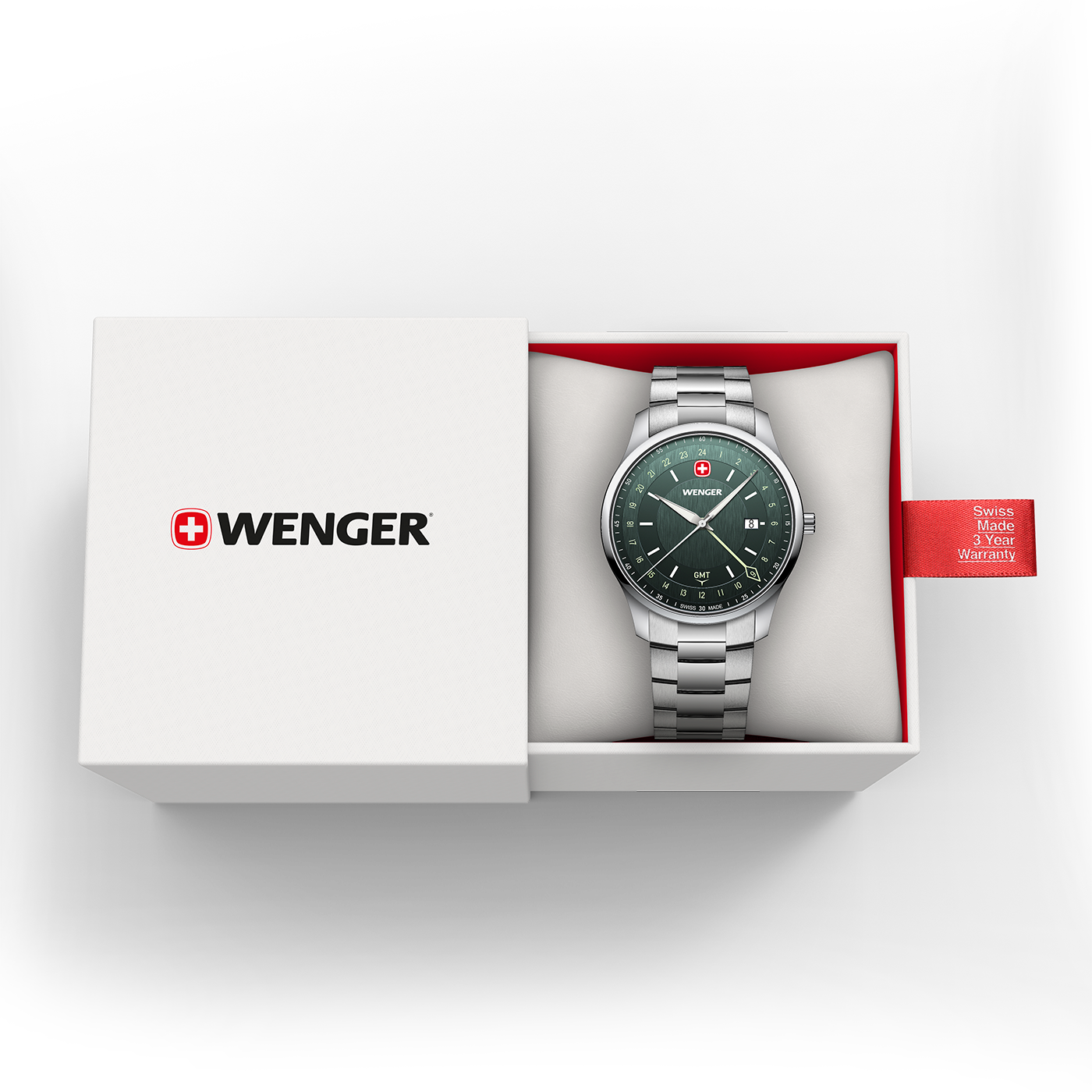 Wenger Uhr in geöffneter Schachtel mit Garantieband