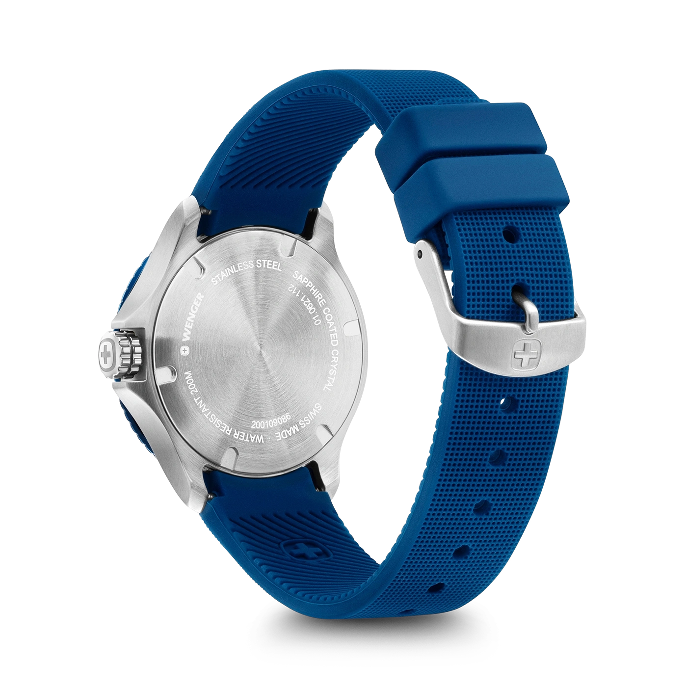Wenger Uhr, Edelstahl, blaues Armband, wasserdicht, Schweizer Uhr, Detailaufnahme, Nahaufnahme
