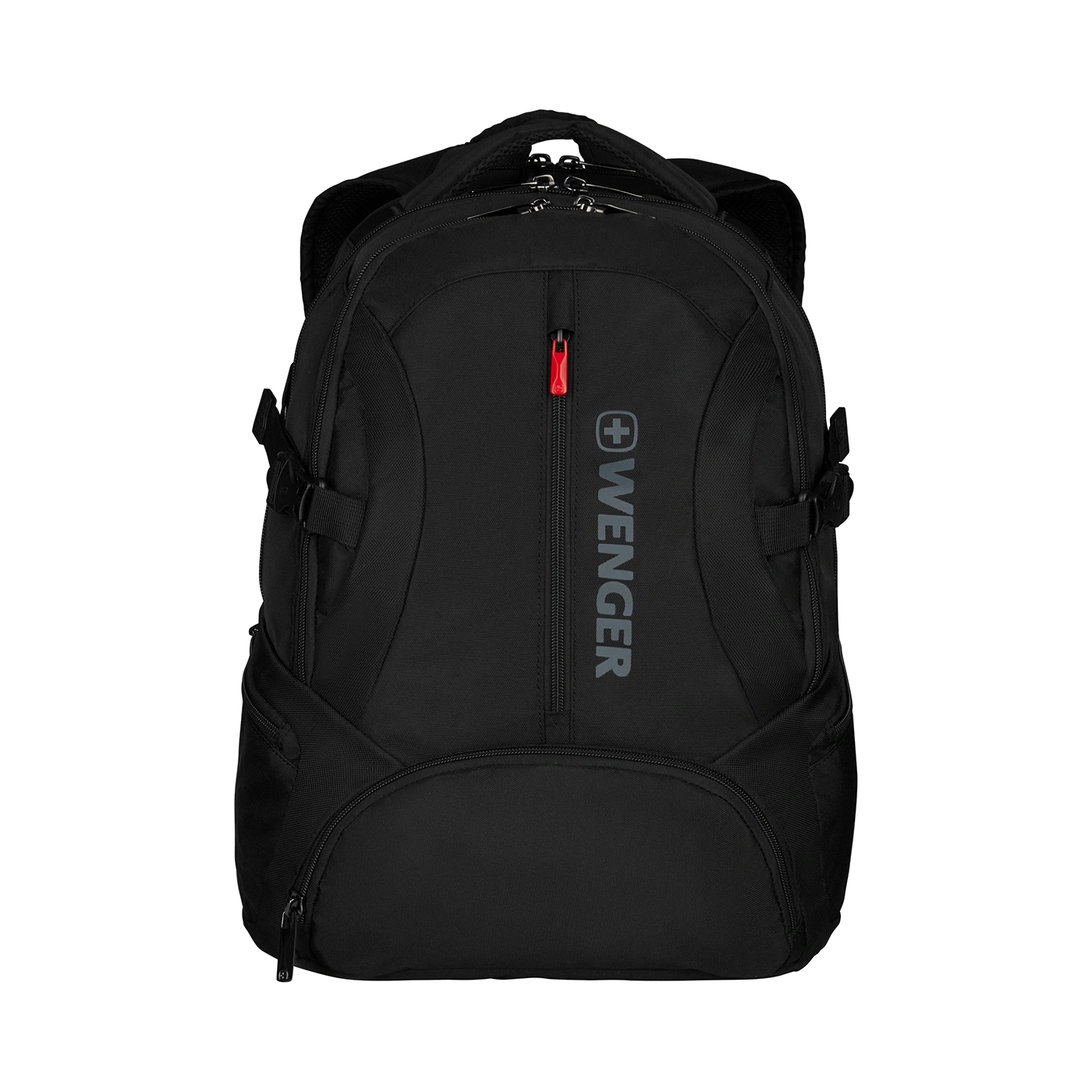Black Wenger backpack with red zipper and logo on a black background, perfect for travel.