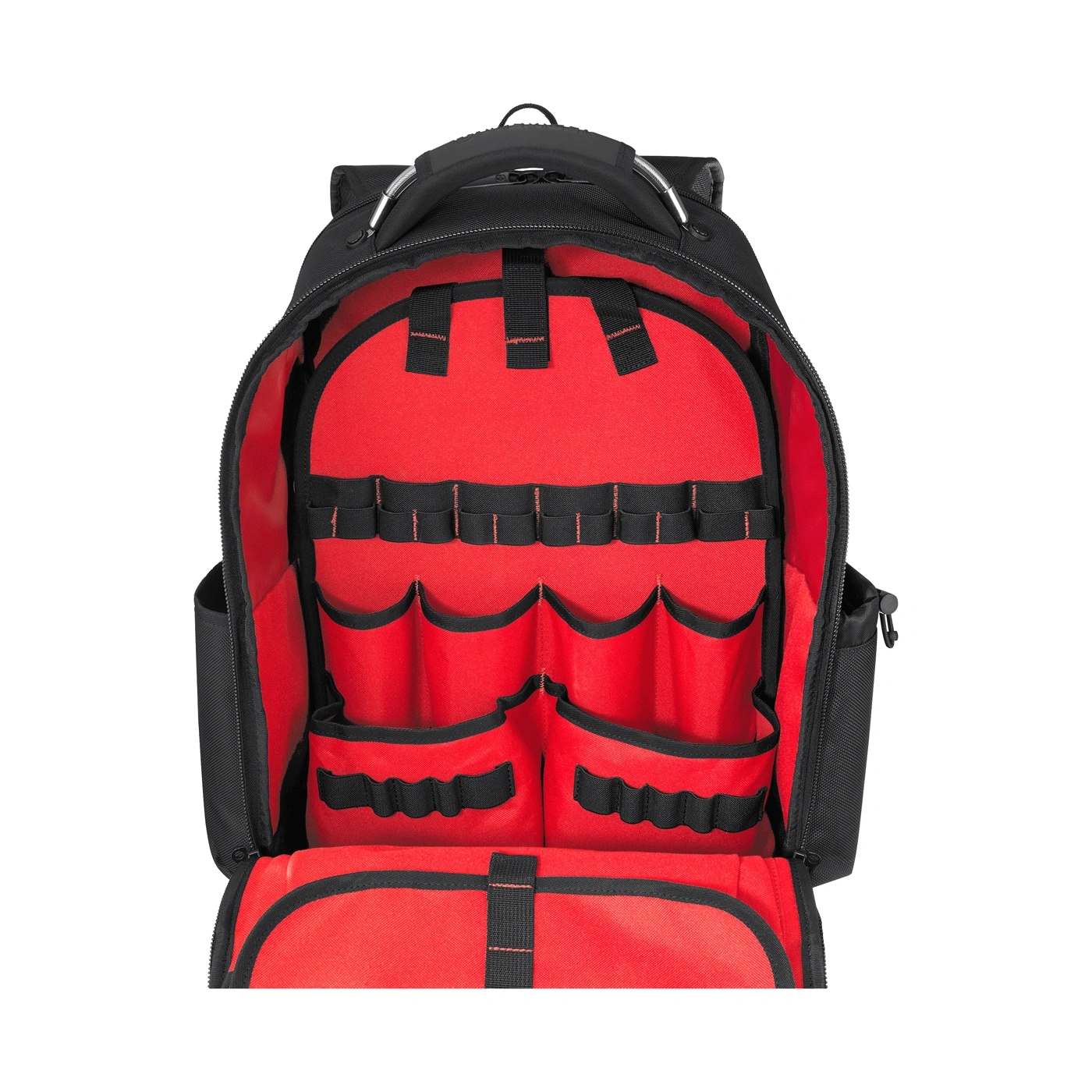 Eine Werkzeugtasche mit roten Fächern und schwarzem
Material.