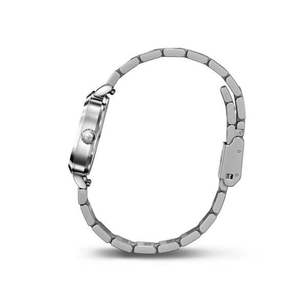 Silver wristwatch with metal band, side view, isolated on white background