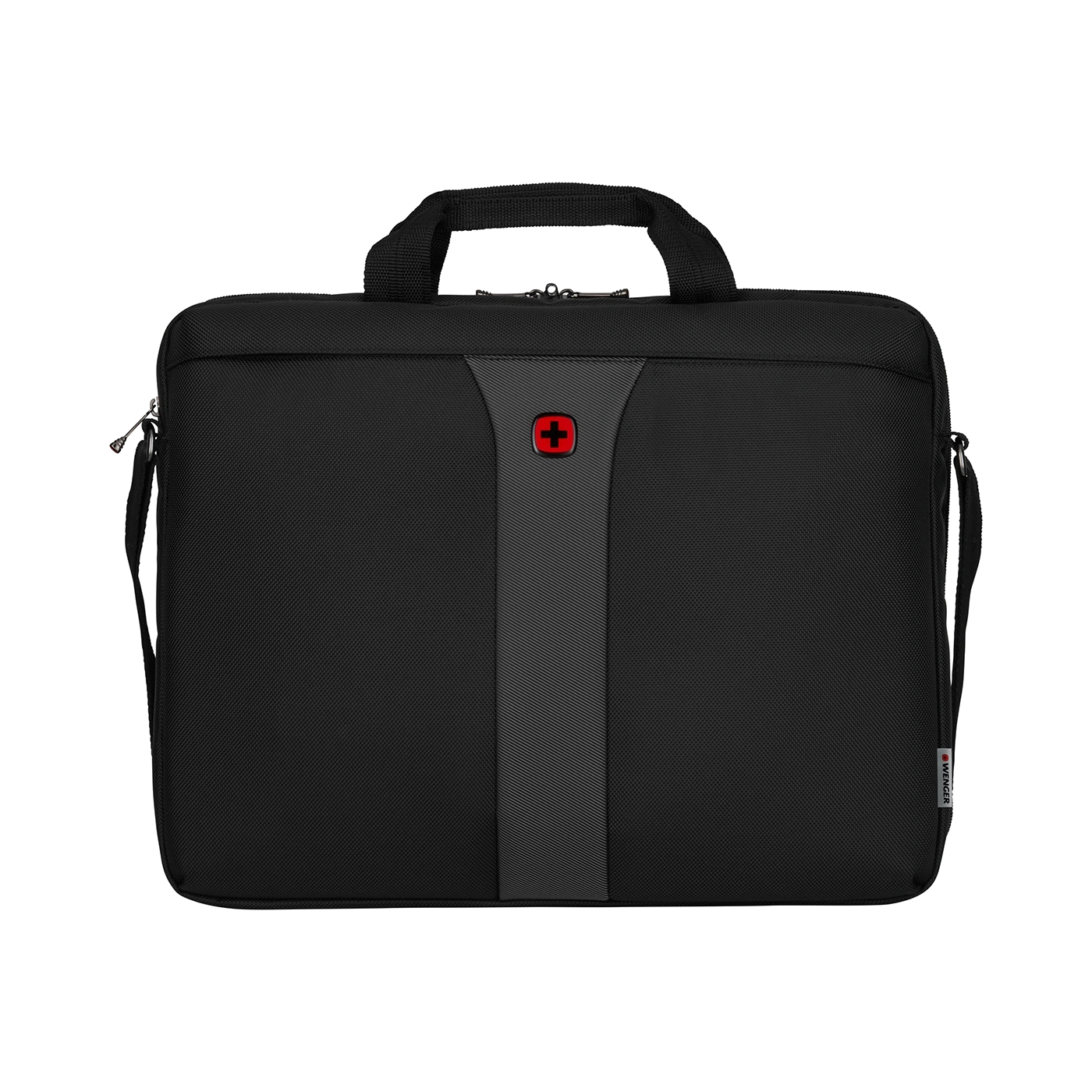 Black laptop bag with red cross and handle, brand Wenger.