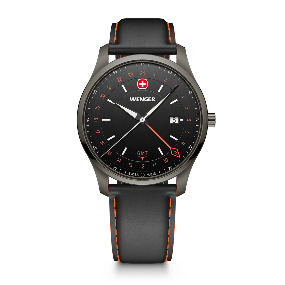 Ein schwarzes Wenger Herrenarmbanduhr mit orangefarbenen Nähten und GMT-Funktion.