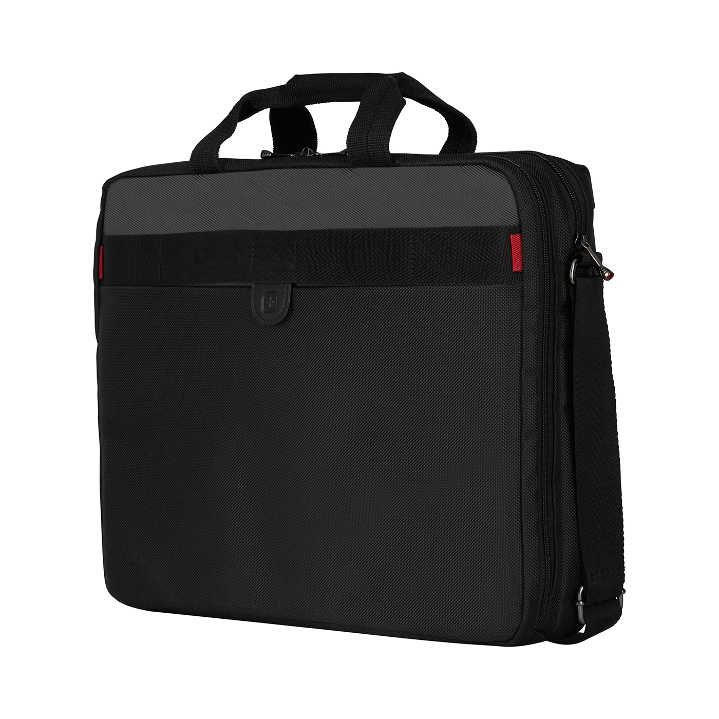 Black briefcase with handles and shoulder strap, business bag, office