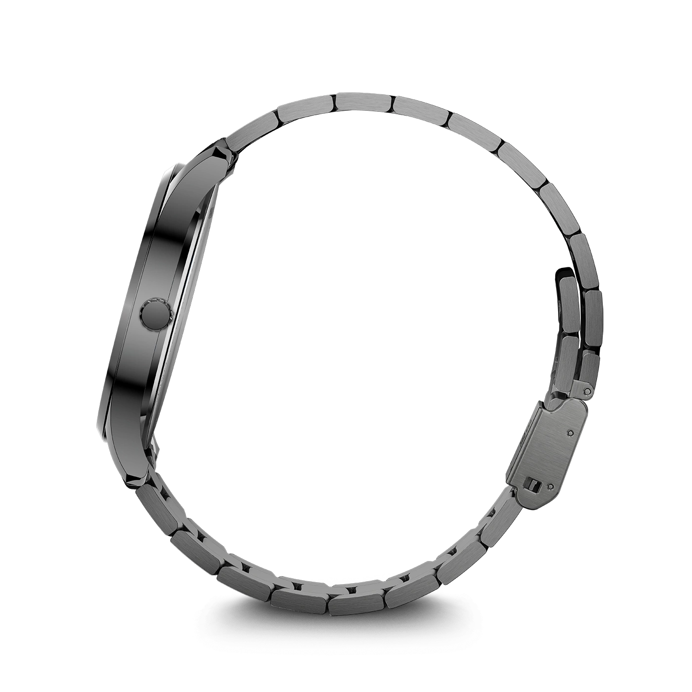 Eine Nahaufnahme einer silbernen Uhr mit Armband auf weißem Hintergrund.