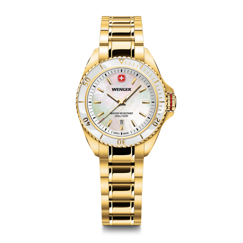 Goldene Wenger-Uhr mit weißem Zifferblatt und Datum, wasserdicht 200m.