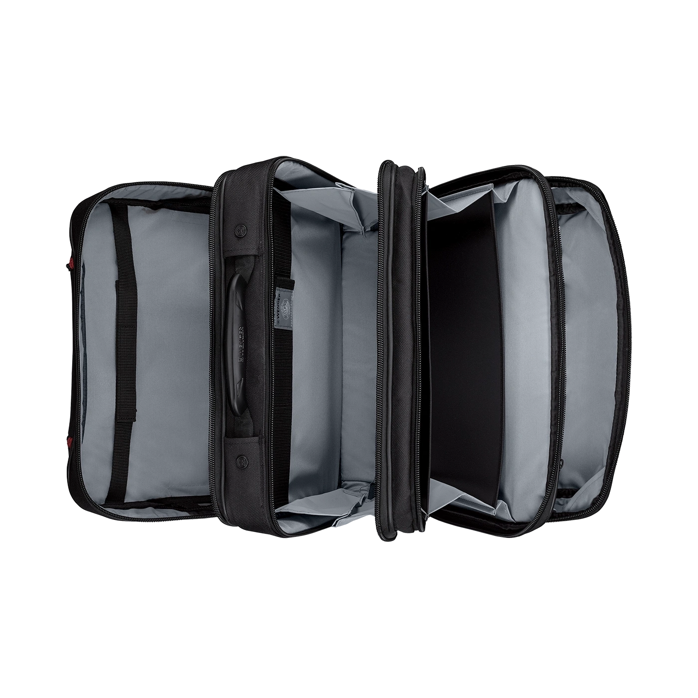 Black briefcase with multiple compartments, open, seen from above, with handle.