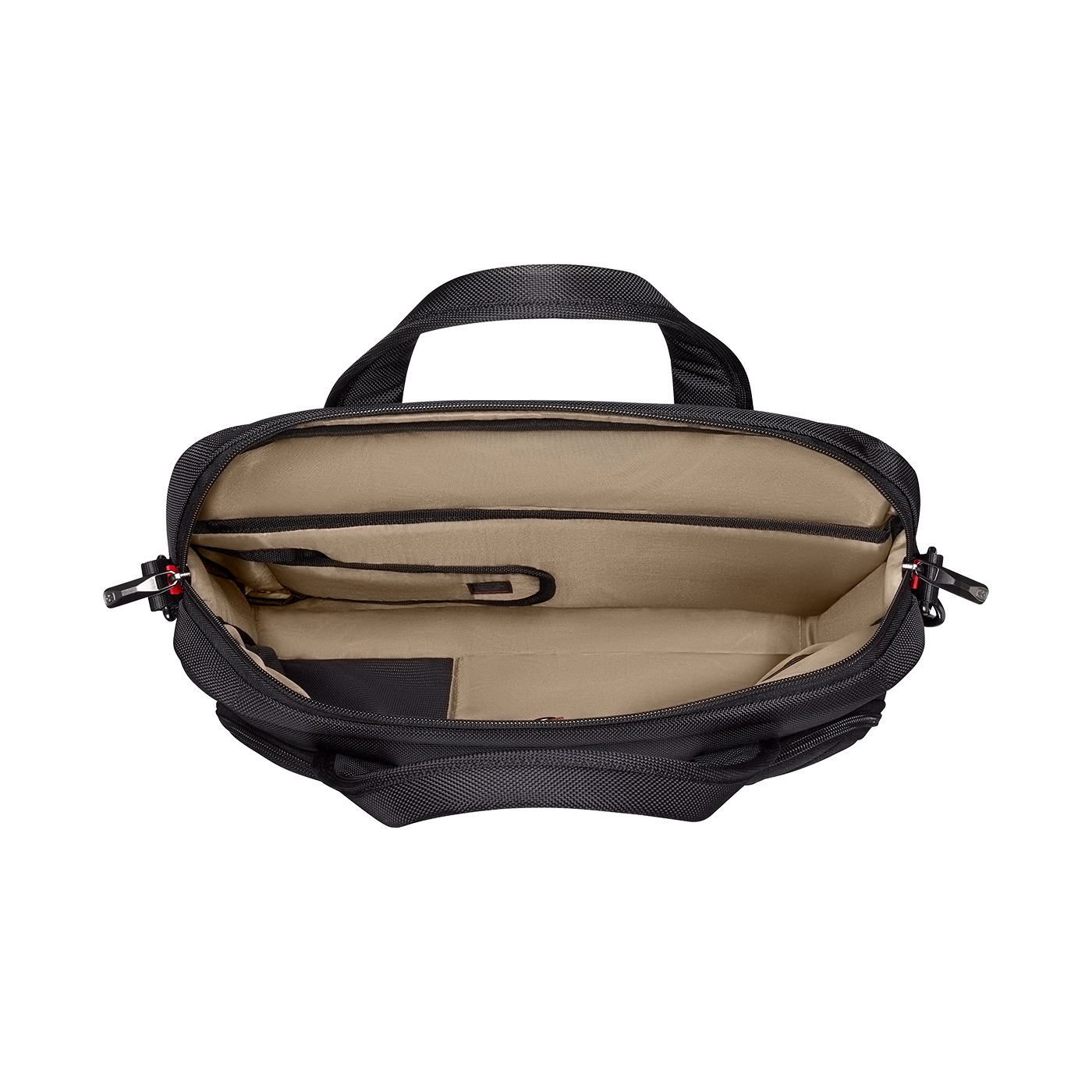 Schwarze Tasche, offen, mit mehreren Fächern und Griffen, von oben gesehen.