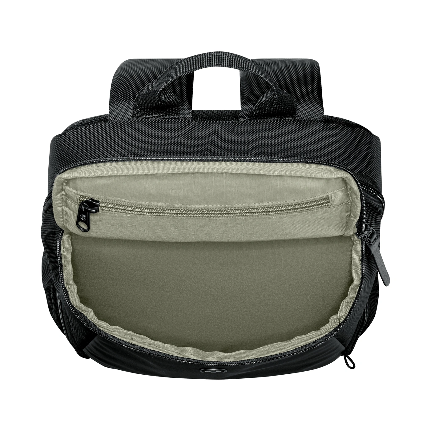 Ein offener schwarzer Rucksack mit hellem Innenfutter und Reißverschlüssen.