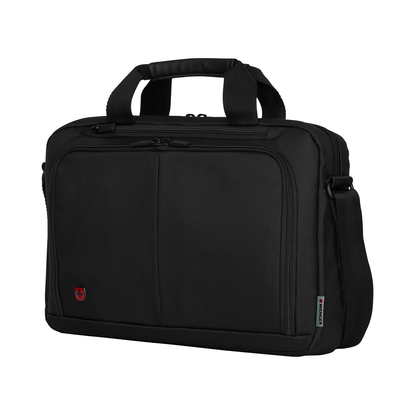 Black briefcase with handles and shoulder strap, Wenger logo visible