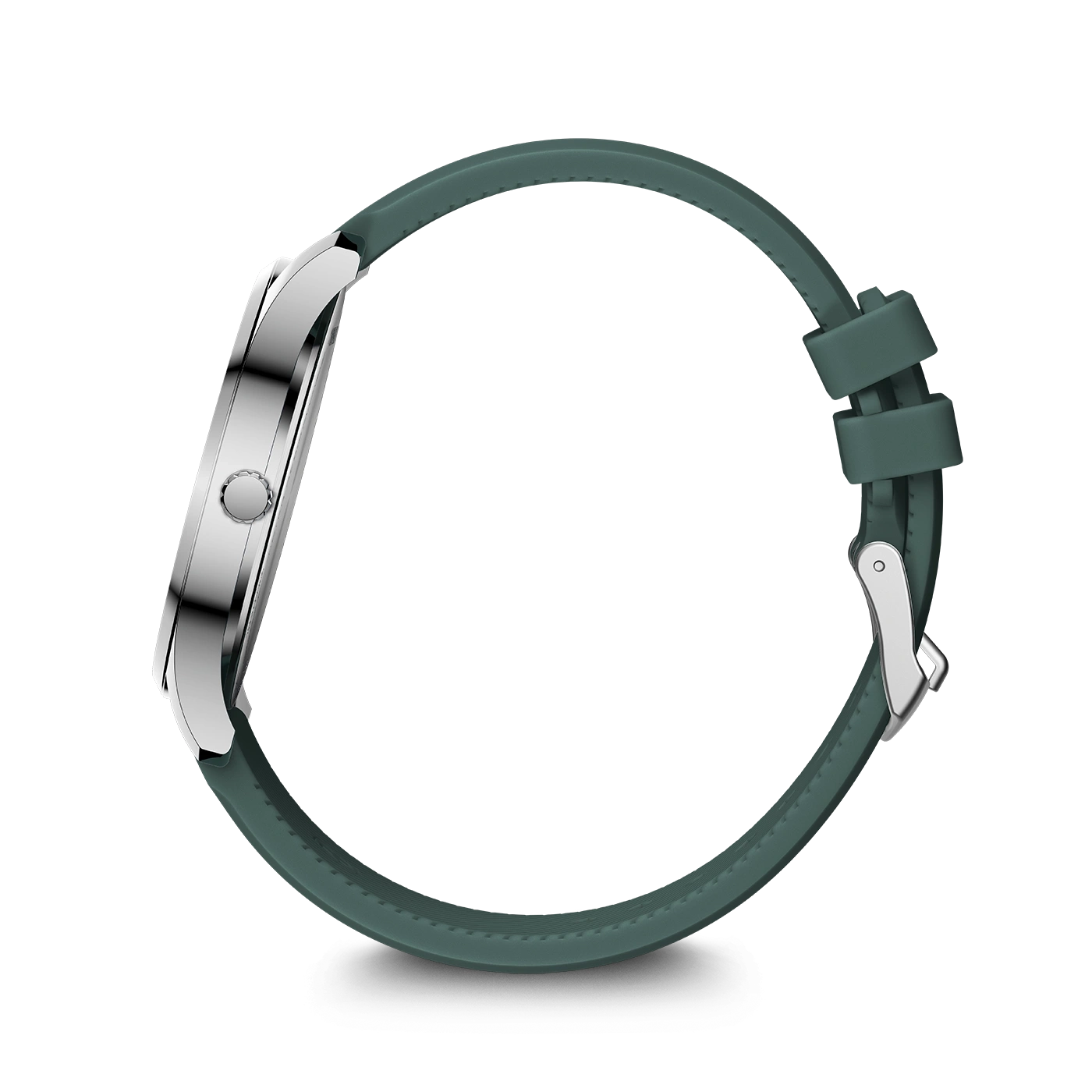 A silver watch with a green strap on a white background.