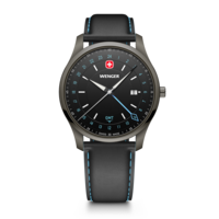 Herrenuhr schwarz-schwarz Ø 42 mm Quarzuhr mit GMT-Funktion, hergestellt in der Schweiz