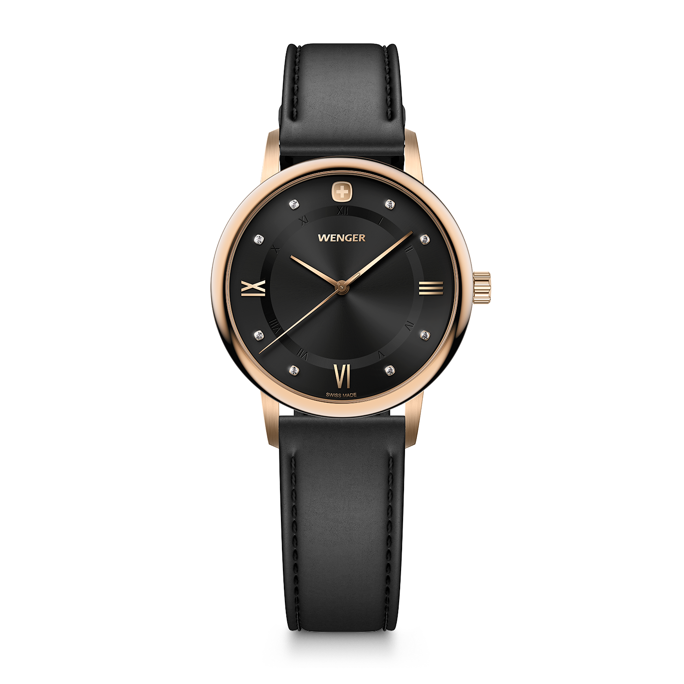 Schwarzes Lederarmband mit roségoldfarbenem Gehäuse und schwarzem Zifferblatt.
