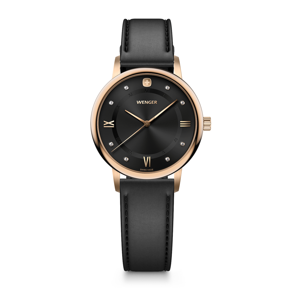 Schwarzes Lederarmband mit roségoldfarbenem Gehäuse und schwarzem Zifferblatt.