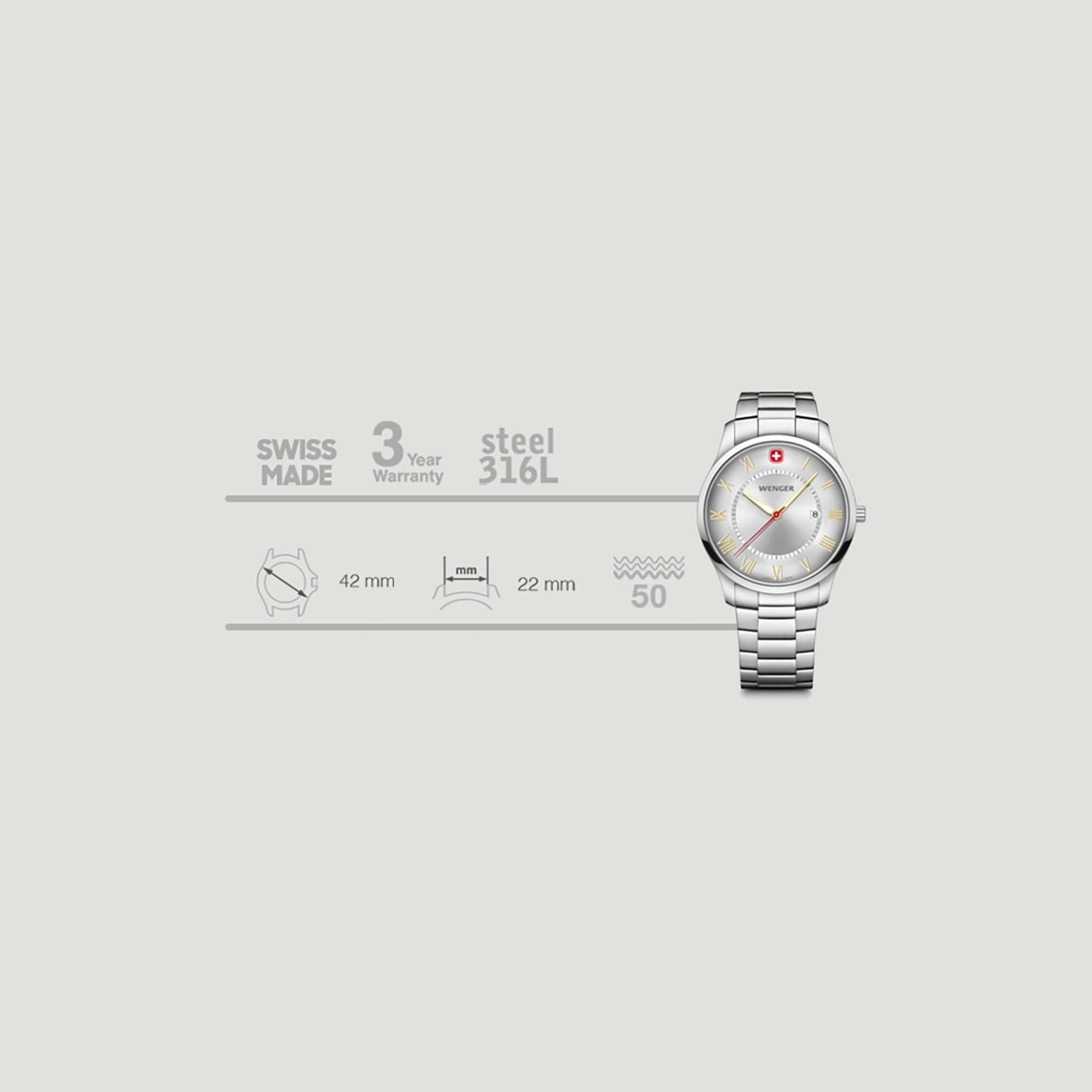 Wenger watch, Swiss Made, 3 year warranty, steel 316L, 42mm, 22mm, 50