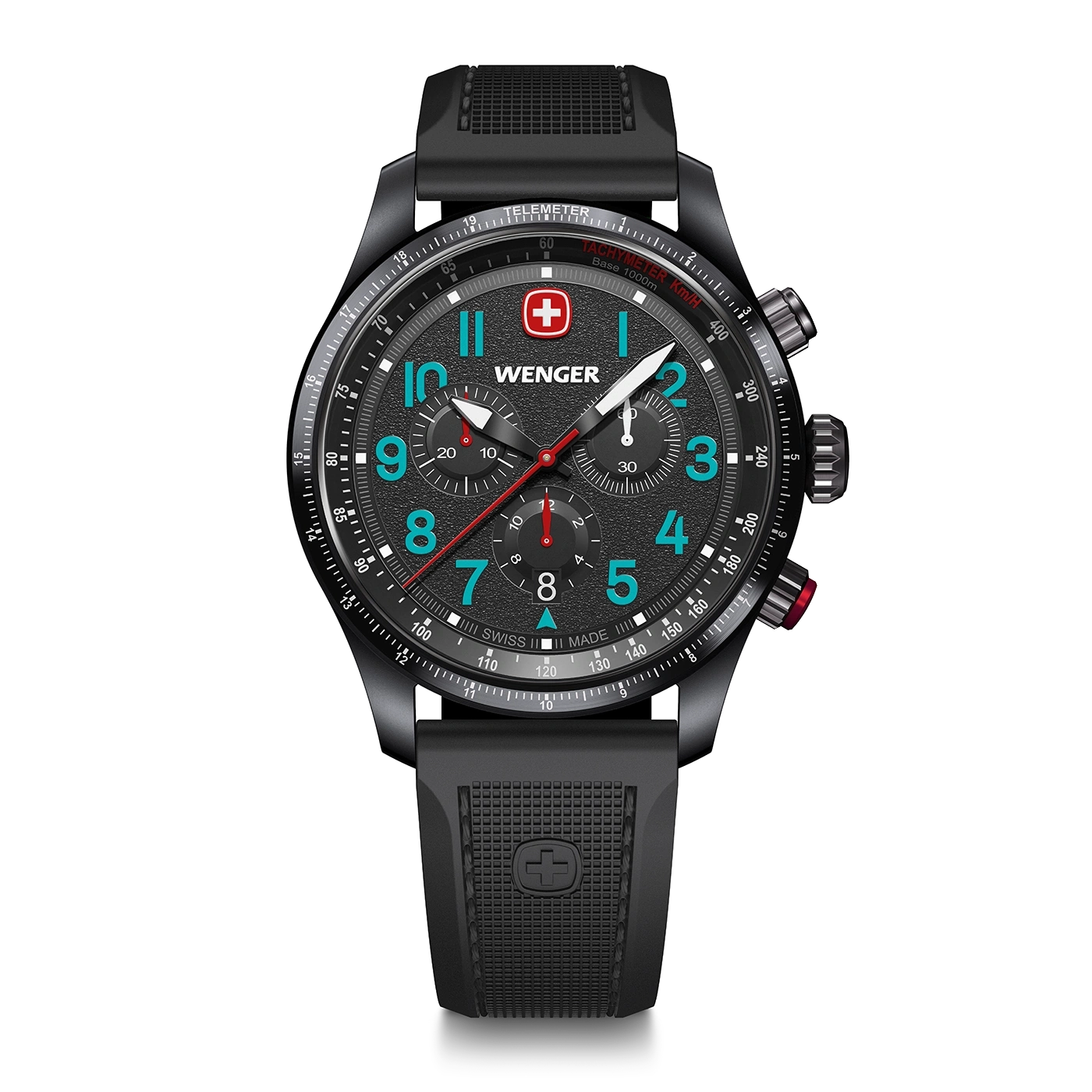 Black Wenger watch with dial, strap, and Swiss cross logo on a black background.