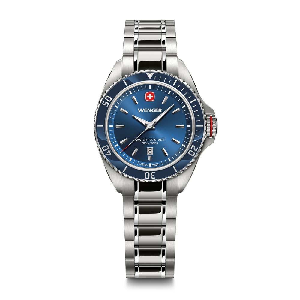 Wenger men's watch with blue dial and stainless steel bracelet.