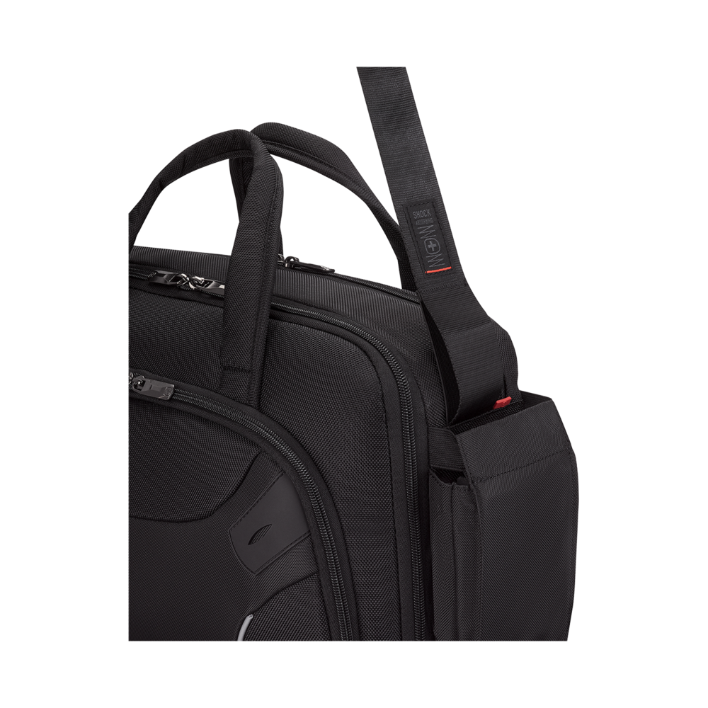 Schwarze Aktentasche mit Schultergurt und Griffen, Nahaufnahme, Detailansicht