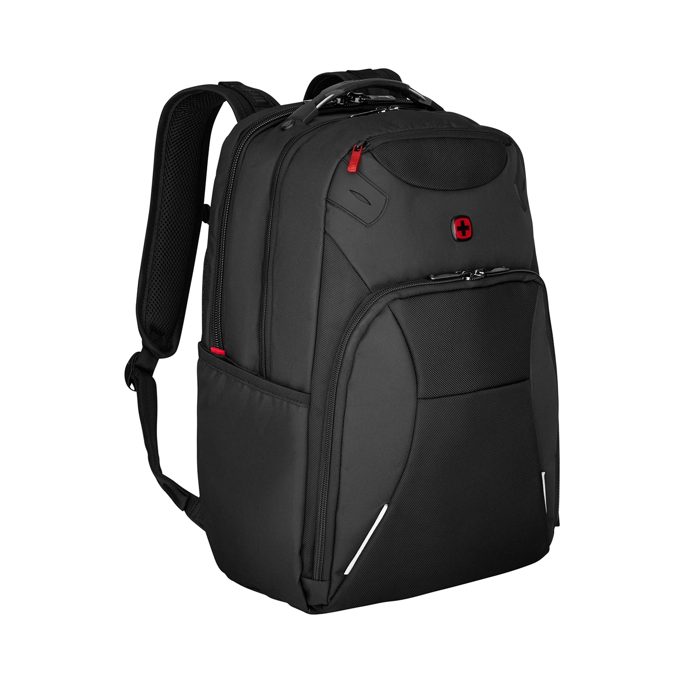 Schwarzer Rucksack mit rotem Kreuz und Reißverschlüssen, modern