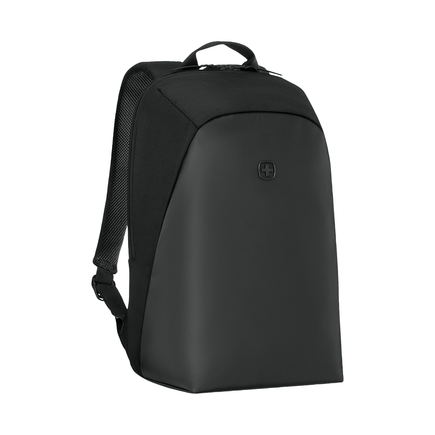 Schwarzer Rucksack mit gepolsterten Trägern und einem Logo.