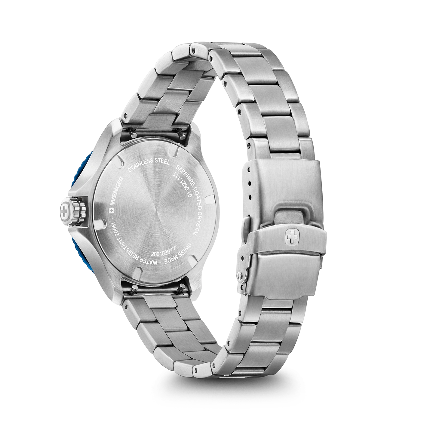 Wenger Uhr, Edelstahl, Saphirglas, wasserdicht, Swiss Made, Detailaufnahme, Rückseite