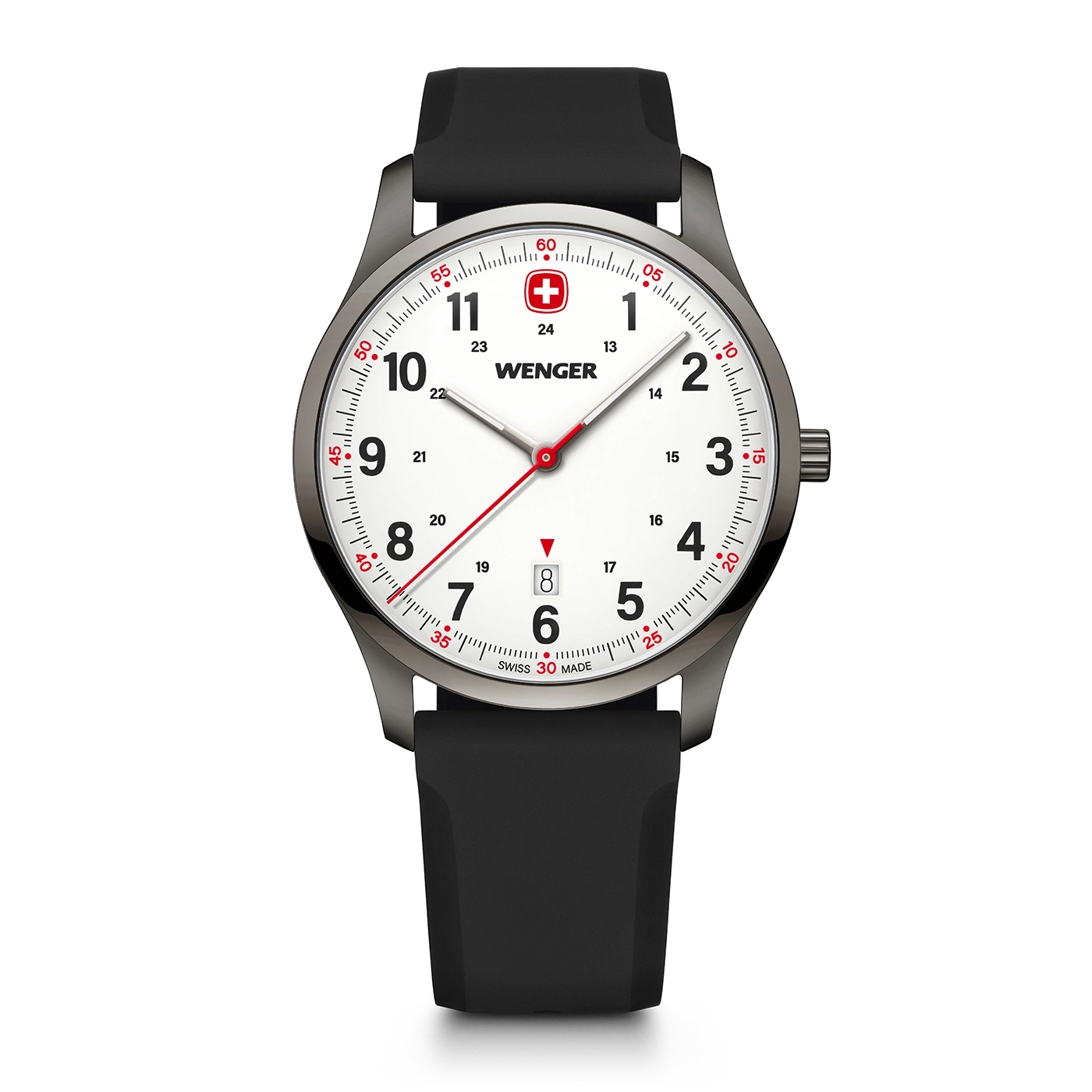 Wenger Uhr mit schwarzem Armband, weißem Zifferblatt und roter Sekunde.