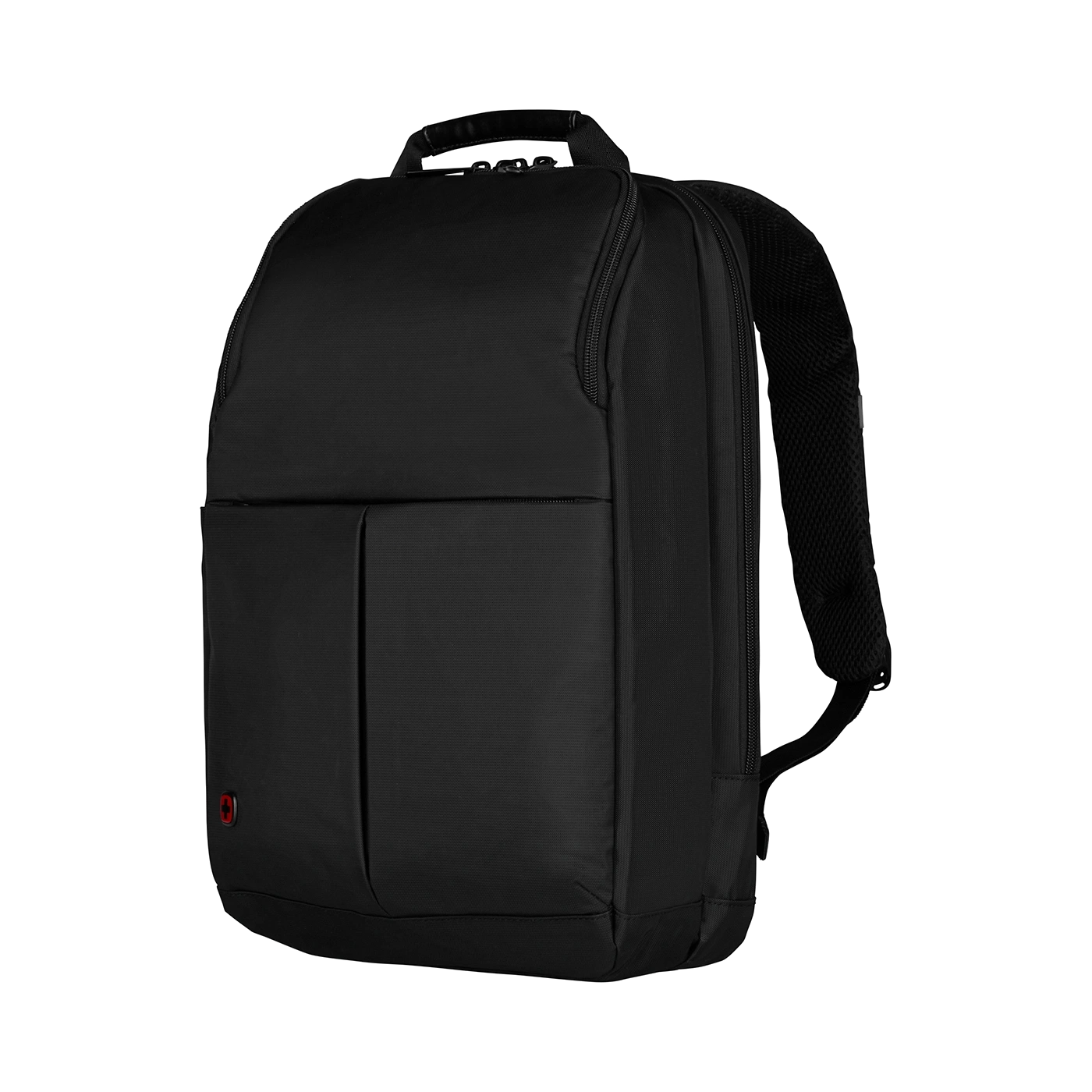 Black backpack with zipper and red accent on a black background, modern design.