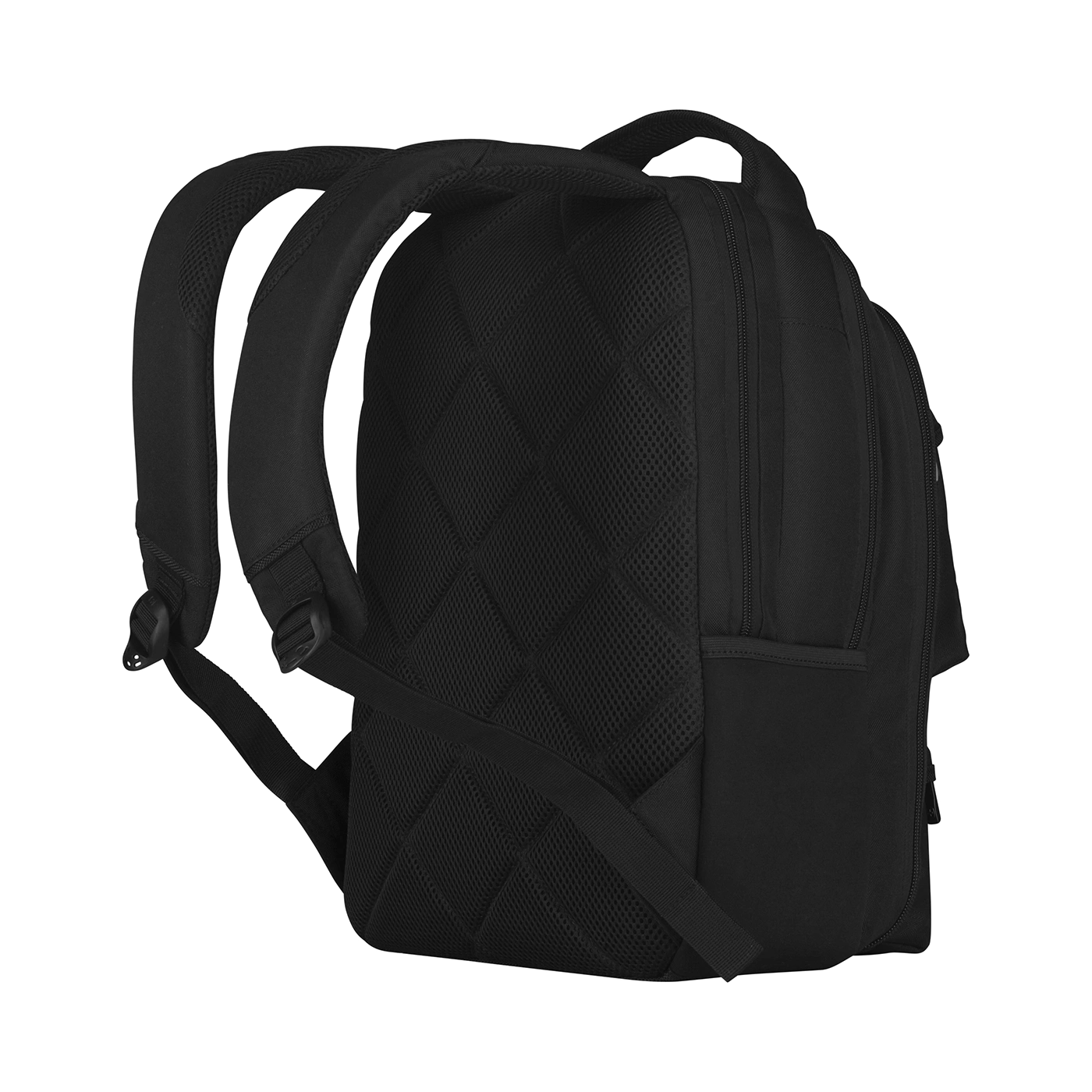 Black backpack, side view, shoulder straps, mesh, zippers, carry handle, outdoor gear