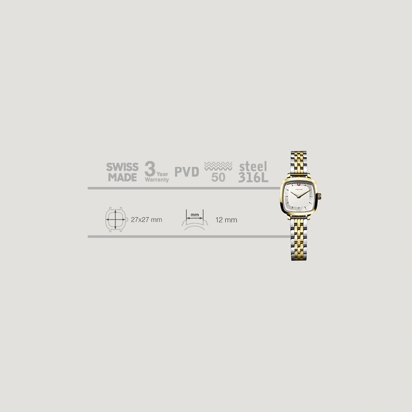 Swiss watch with gold bracelet, 3-year warranty, PVD coating, steel 316L, 27x27mm case